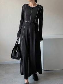 FRIFUL 女士圆领撞色缝线装饰收腰A字长袖纹理中长连衣裙 - 黑色 - 查看 5