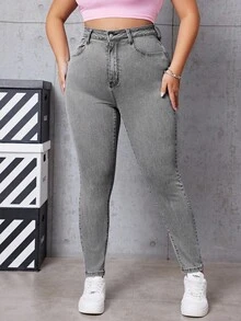 SHEIN EZwear 大码女式高腰口袋修身休闲百搭牛仔裤 - 灰色 - View 5