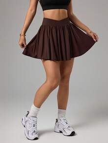 Dewbera Dewbera Women's Solid Color High Waist Pleated Fashion Sports Mini Skirt - Coffee Brown - View 6