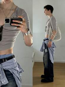 Manfinity Dauomo 休闲时尚男士修身性感纽扣上衣 - 灰色 - 查看 2