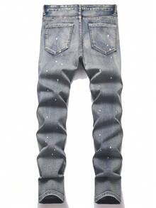 Manfinity Roughcore Quần jeans denim nam phong cách thường ngày, rách, phối nhiều mảng, kẻ sọc, bạc màu, giặt mài. - Rửa nhẹ - Xem 2