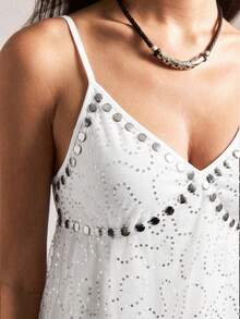 Easelle 女士黑色网眼波点吊带背心 - 白色 - 查看 5