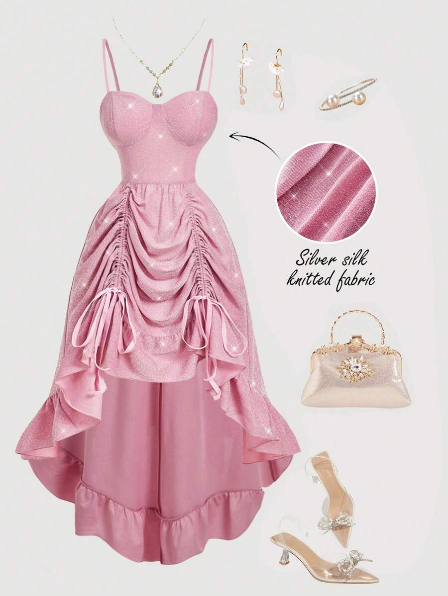 SHEIN MOD Plus-Size Women's Spring/Summer Pink Shimmering Fabric Maxi Dress, Autumn Wedding Guest Dress, Homecoming Dress, Brunch Wear, Renaissance Market Dress, Dress, Dress, Bridgeton Style Dress, New Year's/Valentine's Day Dress.Spring/Summer Holiday Party Outfits & New Year Outfits Pink Dress Prom Dress Pink Party Dress Elegant Dress High Low Dress - Pink - View 1