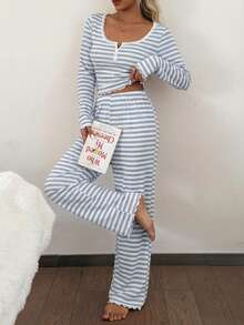 ZzzCrew Lace Trim Square Collar 2-Button Striped Print Long Sleeve Pajama Set
