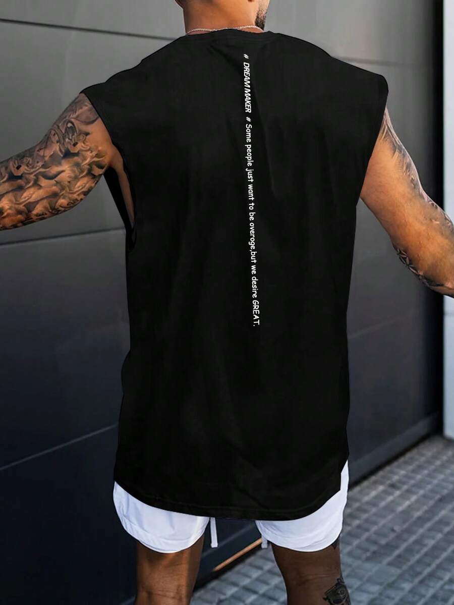 Manfinity LEGND Men's Sleeveless Tank Top With Slogan Print Letter Plain Black Workout