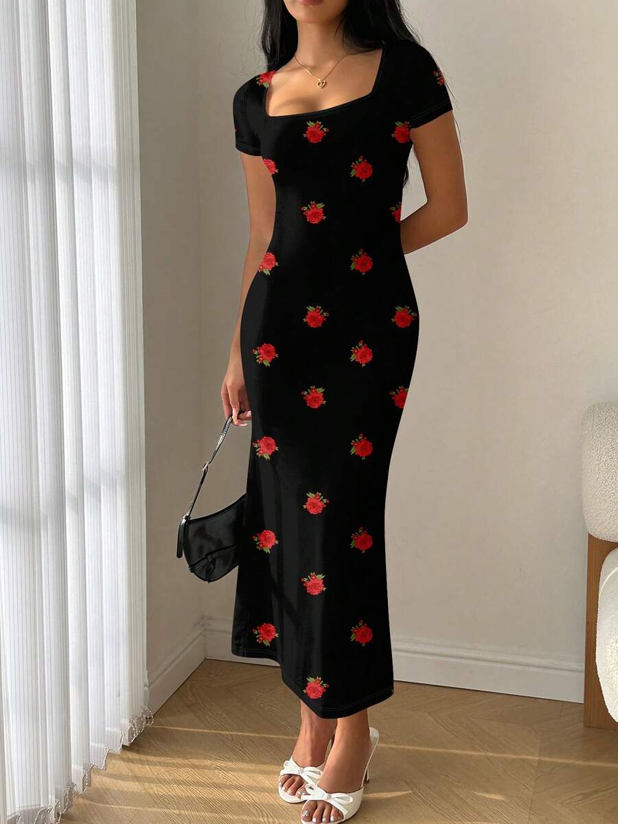 SHEIN EZwear Women's Spring Summer Square Neck Mermaid Hem Bodycon Dress With Rose Print, Boho, Going Out, Vintage, Seaside Vacation, Romantic, Vacay Vibes - Multicolor - View 1