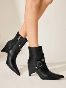 CUCCOO CHICEST Women's Fashion Versatile Commuter Buckle Pointed Toe Chunky High Heel Ankle Boots - Black - View 5