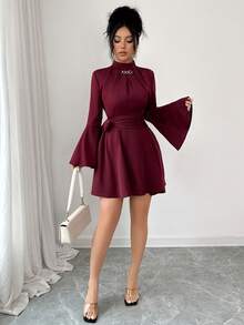 Modelyn 2026 Spring/Summer Flare Sleeve Cinched Waist Dress - Rose Red - View 5