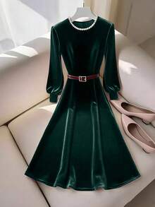 GlowEve 女士丝绒针织收腰A字连衣裙，珍珠领饰，优雅百搭，适合日常、通勤、商务、法式浪漫约会、派对、圣诞节、秋冬季节，酒红色 - 墨綠色 - 查看 5