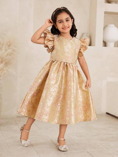 Glamorique Kids 年轻女孩优雅派对提花短袖连衣裙