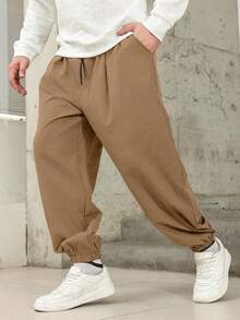 Manfinity Homme Plus Size Men's Solid Color Drawstring Waist Pockets Casual Jogger Pants Khaki Baggy Pants Men Japanese Pants Men Men Loose Fit Pants Brown Sweatpants Men - Khaki - View 4