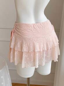 Comfortcana 2026 New Arrive  Spring/Summer Women's Fashionable Double-Layer Ruffle Hem Tie-Waist Mini Skirt Summer Outfits  Spring Outfit Women Valentine's Day Beach Skirt Vacation Outfits Women  Pink Skirt - Pink - View 2