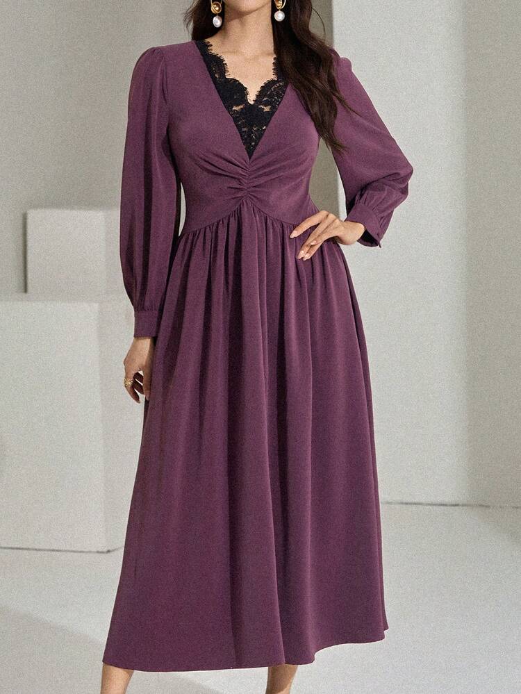 Women's V-Neck Lace Patchwork Waist Cinched Long Elegant Dress Sundress