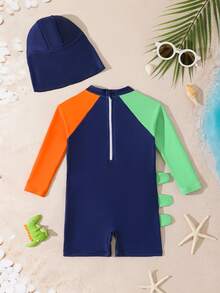 1pc Toddler Boys' One-Piece Long Sleeve Hooded Swimsuit, Cartoon Print, For Beach, Swimming, Vacation Baby Boy Long Sleeve Rash Guard Boy Swimsuit Set Long Sleeve - Navy Blue - View 2