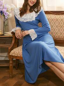 Côtesoire French Elegant Long Nightgown With Ruffled Lace Patchwork, Loose French Romantic Lace Patchwork Nightdress For Women - Dusty Blue - View 5