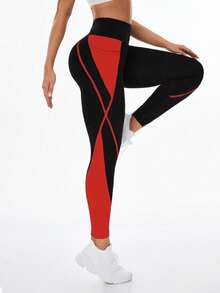 Exploreva Contrast Color High Waist Pocket Fashionable Skinny Leggings - Fiery Red - View 6