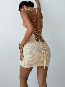 Firerie 女士简约优雅时尚性感交叉露背侧开衩修身迷你针织连衣裙 - 卡其色 - 查看 11