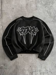 AXEPEAK 男士休闲标准尺码宽松套头卫衣，黑色，饰有贴花刺绣和撞色滚边，适合春秋季穿着。 - 黑色 - 查看 1