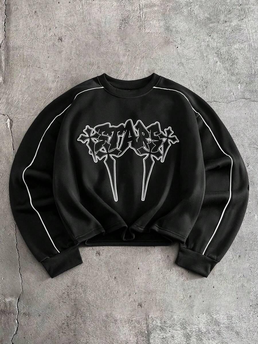 AXEPEAK 男士休闲标准尺码宽松套头卫衣，黑色，饰有贴花刺绣和撞色滚边，适合春秋季穿着。 - 黑色 - 查看 1