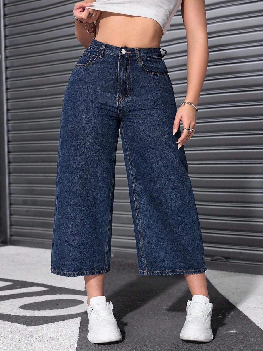 SHEIN ICON Jeans de talle alto, rectos y holgados para mujer de talla grande - Azul - Ver 1