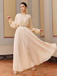 Anewsta 仿珍珠刺绣圆领褶裥优雅长袖连衣裙 - 杏色 - 查看 5