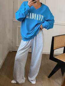 DAZY Women Casual Loose Graphic Print Long Sleeve V-Neck Top And Pants 2 Pieces Set