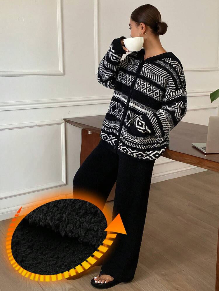 2pcs Women Knitted Loose Hooded Cardigan Long Sleeve And Pants Pajama Set, Autumn/Winter