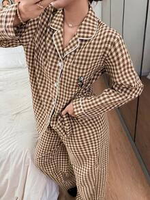 DAZY 2pcs Plaid Embroidered Pattern Cardigan Long Sleeve & Pants Women Pajama Set, Autumn - Khaki - View 5