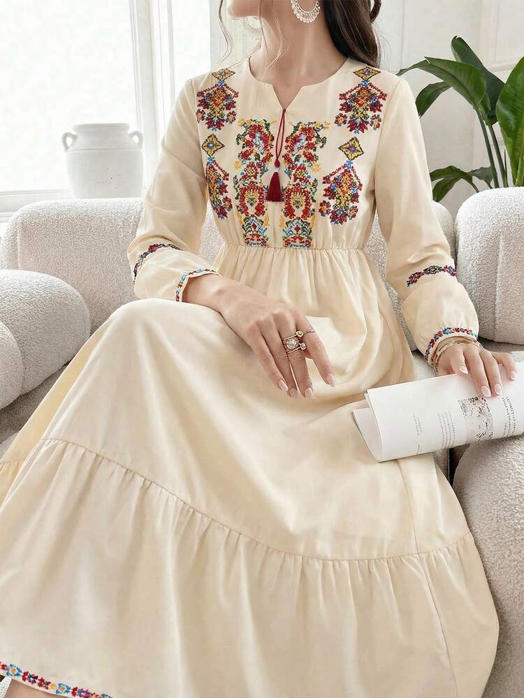 Teen GirlElegant Traditional Embroidered Dress, Vacation Wear - White - View 1