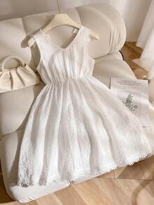 SHEIN Elladie kids 1pc Girls' White Hollow Embroidered Floral Lace Bow Tie Camisole Dress, Elastic Waist Ruffle Hem, Simple Chic Casual Vacation Style - White - View 2