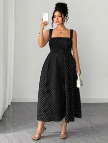 Elenzga Plus Size Casual Black Polka Dot Midi Cami Dress Sleeveless Square Neck Woven Flared Style For Women Poka Dots Gowns - Black - View 4