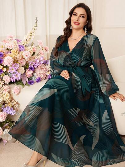 Modelyn Plus Size Women Elegant All-Over Print Cinched Waist Dress Plus Size Elegant Dress