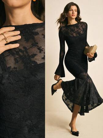 Poéselle Elegant enfärgad sjöjungfruklänning i jacquard för fest för kvinnor