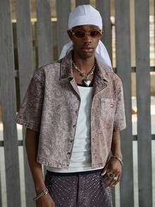 NEON BLANC 男士夏季休闲时尚街头度假风佩斯利印花短袖露脐牛仔衬衫 - 棕色 - 查看 2