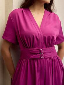 ZEYLAH 金属扣腰部装饰V领短袖中长连衣裙 - 紫色 - 查看 2