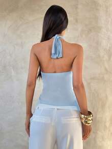 Aloruh Women's Elegant Multi-Layer Ruffle Trim Stand Collar Fitted Tank Top - Baby Blue - View 2