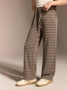 少女休闲百搭学院风棕色撞色条纹宽松舒适柔软针织抽绳腰裤 - 棕色 - 查看 5