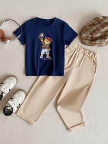 PrepCrw 2pcs/Set Young Boys Collegiate Style Bear Print Short Sleeve T-Shirt And Pants Set - Multicolor - View 2