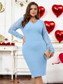 EMERY ROSE Plus Size Women's Elegant Lace Patchwork Long Sleeve Black Dress, Autumn Blue Lace Sleeve Dress - Blue - View 1