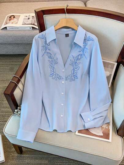 GlowEve CURVE 大码女士商务休闲V领长袖刺绣春季衬衫