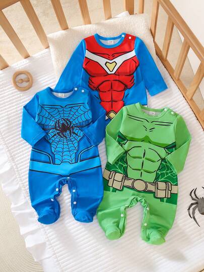 3pcs Newborn Long Sleeve Footed Jumpsuits, Red & Red Blue & Green, Soft Knit Infant Pajamas, Best Gift For Newborns