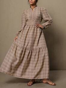 SHEIN LUNE 大码春季女装休闲夏季度假套装 AI-Adha 优雅女士格子长袖修身腰部设计魅力A字长裙端庄连衣裙 - 杏色 - 查看 5