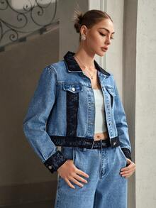 Selenza 女士时尚通勤撞色蕾丝牛仔夹克 - 藍色 - 查看 4