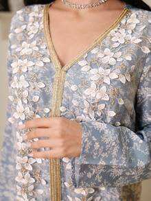 Al Najma New V-Neck Loose Embroidered Casual Vacation Everyday Versatile Elegant Dress - Blue - View 3