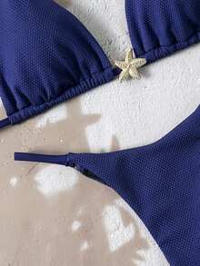 Swim Mod 2pcs/Set Navy Blue Bikini Set,Summer Beach Vacation Casual Holiday Gold Starfish Decor Halter Micro Swimwear Set Solid Textured Fabric Star Bikini - Navy Blue - View 6
