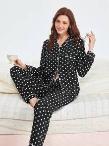 Bonmuse 波点印花女士泡泡褶皱长袖睡衣套装，秋冬服装 - 黑色 - 查看 1