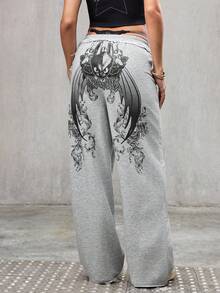 SHEIN How to Train Your Dragon Pantalones de chándal casuales con bolsillo en diagonal y estampado de dibujos animados para mujer - Gris - Ver 1