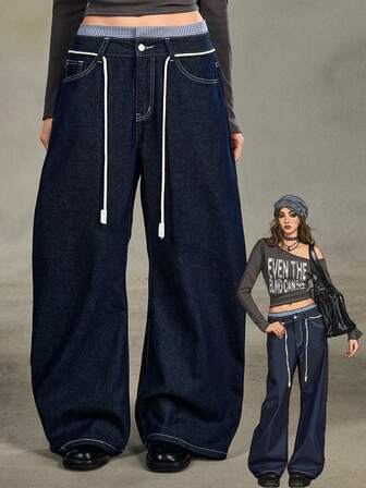 Grunge Punk Jeans vintage alla moda casual con design a patchwork a quadri e doppia vita, a zampa d'elefante