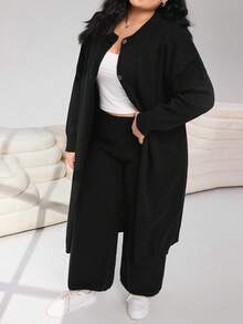 Solflare Plus Size Casual Solid Color Button-Front Cardigan And Pants Set, Autumn/Winter - Black - View 4