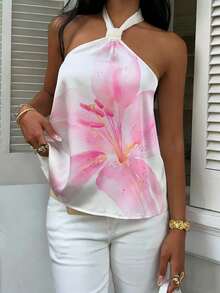 SHEIN EZwear Áo nữ kiểu dáng thường ngày, in họa tiết hoa ly hồng, cổ yếm, hở lưng, thích hợp cho mùa hè, đi biển, lễ hội âm nhạc, đồ bơi thoải mái hoặc trang trí đi biển. - Nhiều màu - Xem 4